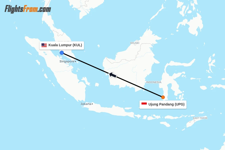 Flights from Ujung Pandang to Kuala Lumpur route map