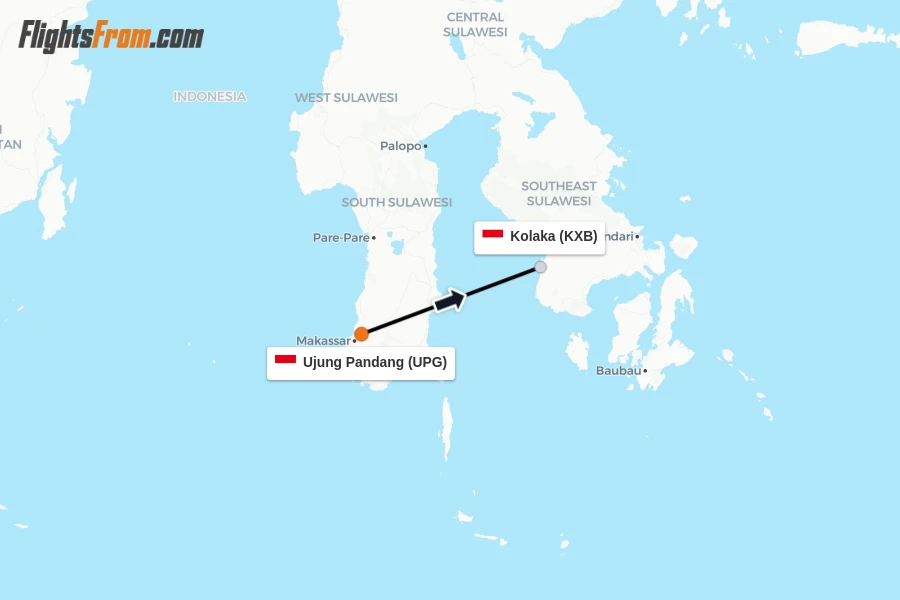 Flights from Ujung Pandang to Kolaka route map