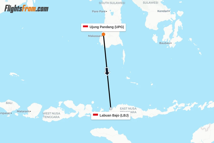 Flights from Ujung Pandang to Labuan Bajo route map