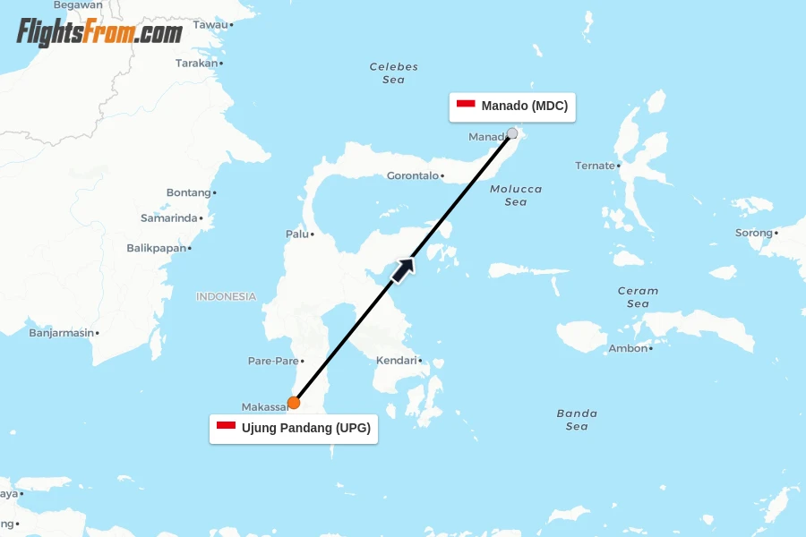 Flights from Ujung Pandang to Manado route map