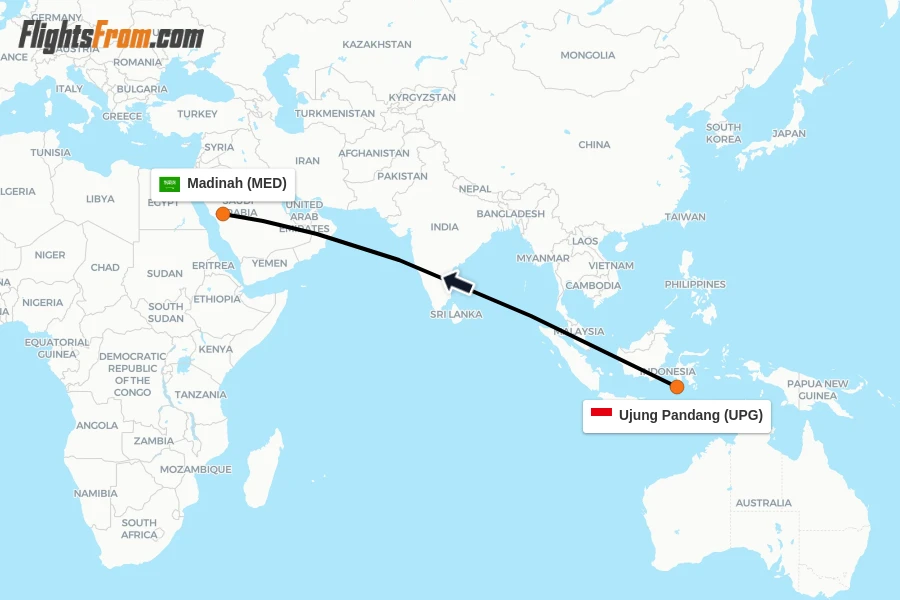 Flights from Ujung Pandang to Madinah route map