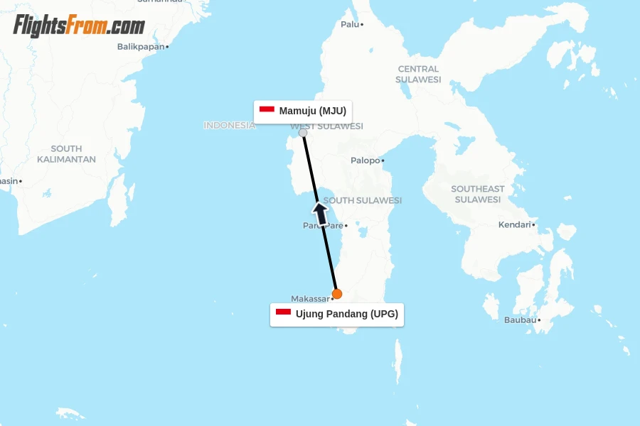 Flights from Ujung Pandang to Mamuju route map