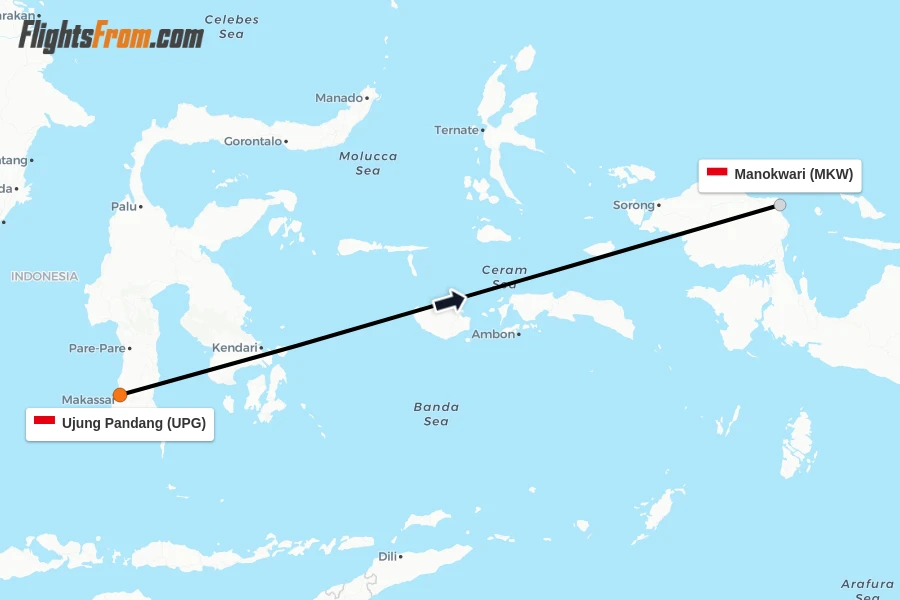 Flights from Ujung Pandang to Manokwari route map
