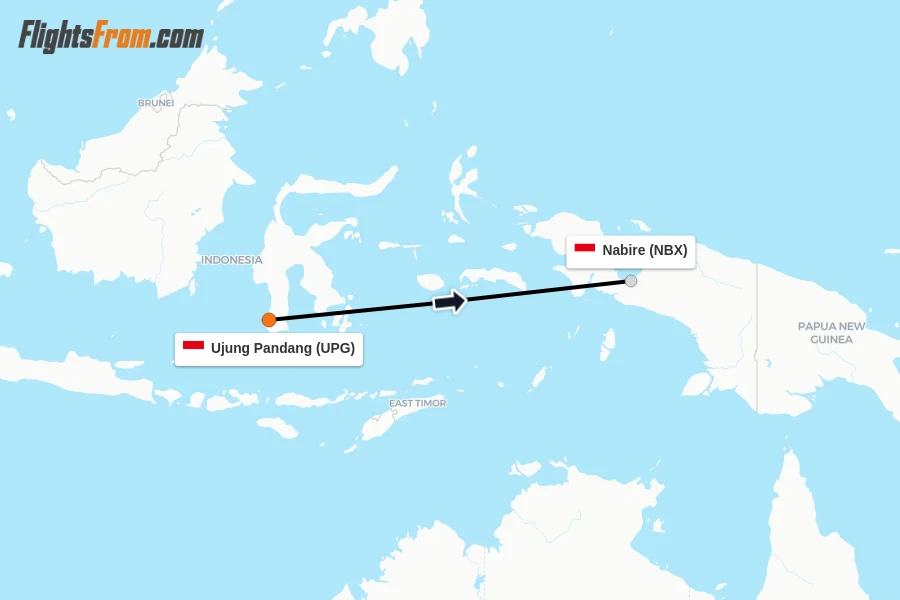 Flights from Ujung Pandang to Nabire route map
