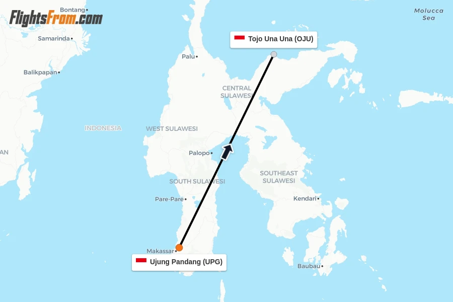 Flights from Ujung Pandang to Tojo Una Una route map