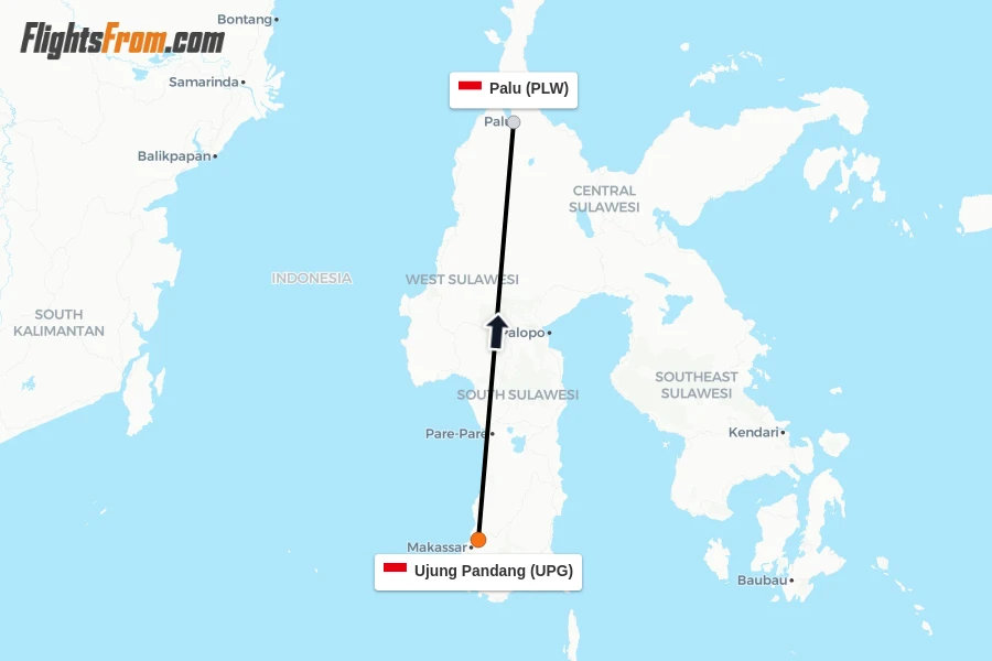 Flights from Ujung Pandang to Palu route map