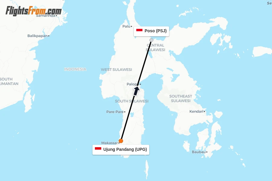Flights from Ujung Pandang to Poso route map