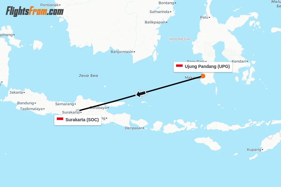 Flights from Ujung Pandang to Surakarta route map