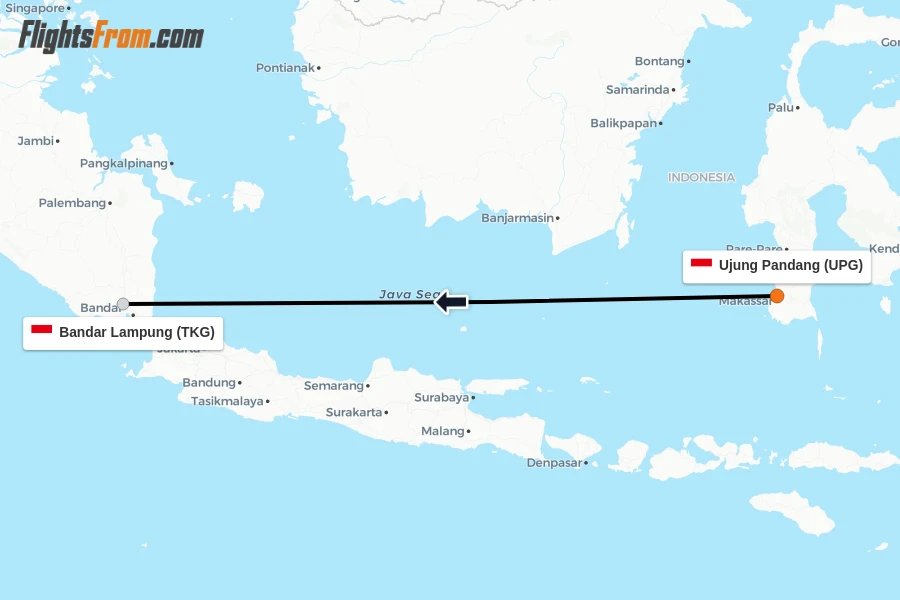 Flights from Ujung Pandang to Bandar Lampung route map