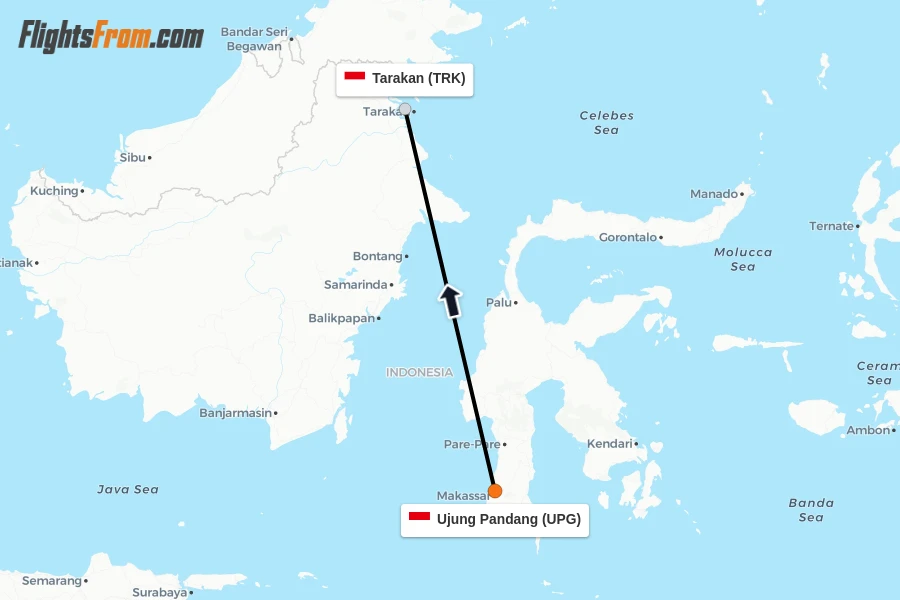 Flights from Ujung Pandang to Tarakan route map