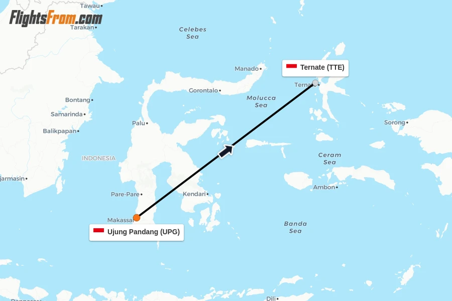 Flights from Ujung Pandang to Ternate route map