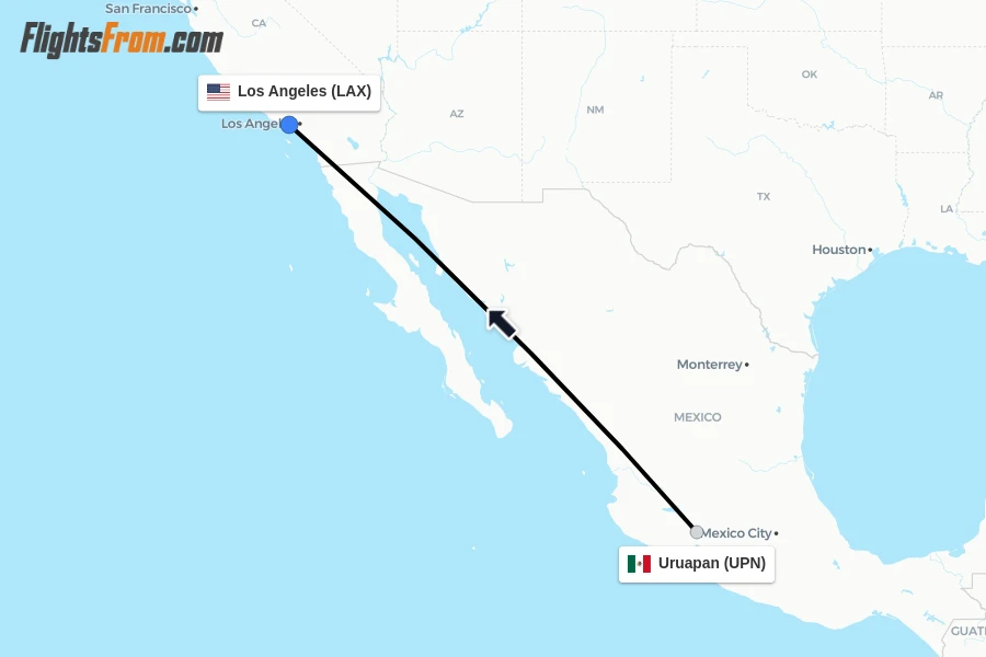 Flights from Uruapan to Los Angeles route map
