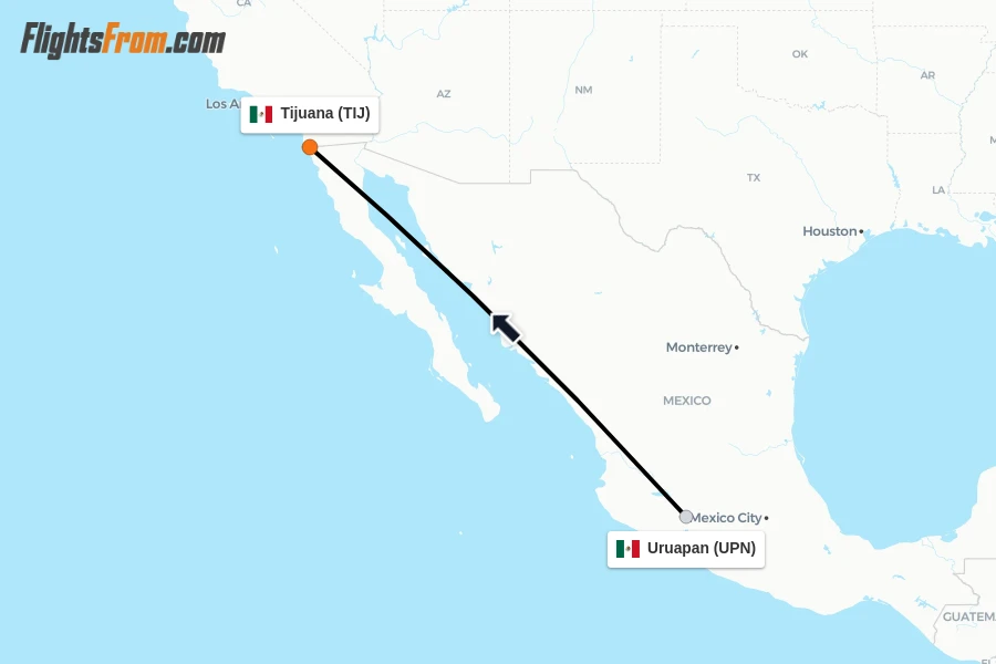 Flights from Uruapan to Tijuana route map