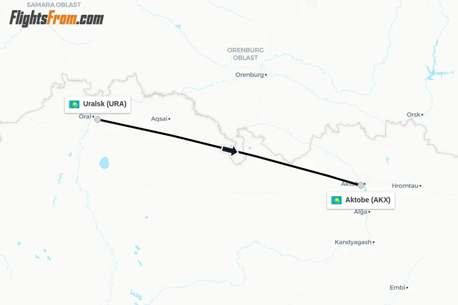 Flights from Uralsk to Aktobe route map