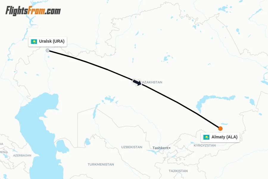 Flights from Uralsk to Almaty route map
