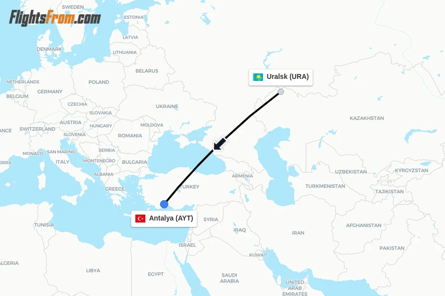 Flights from Uralsk to Antalya route map