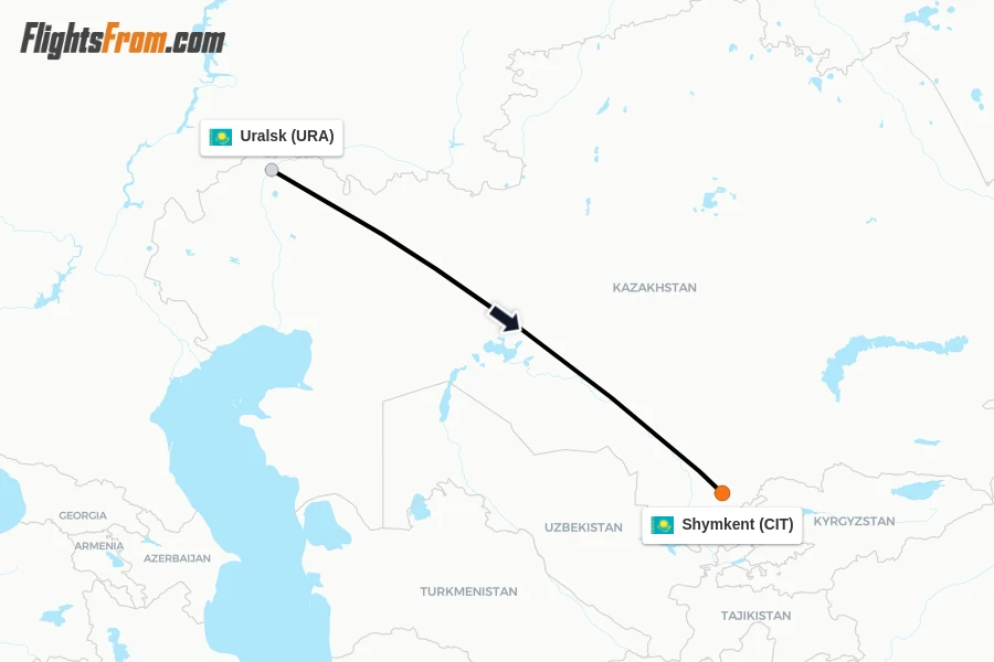 Flights from Uralsk to Shymkent route map
