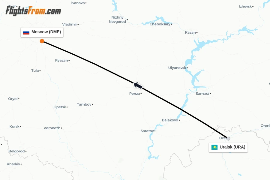 Flights from Uralsk to Moscow route map