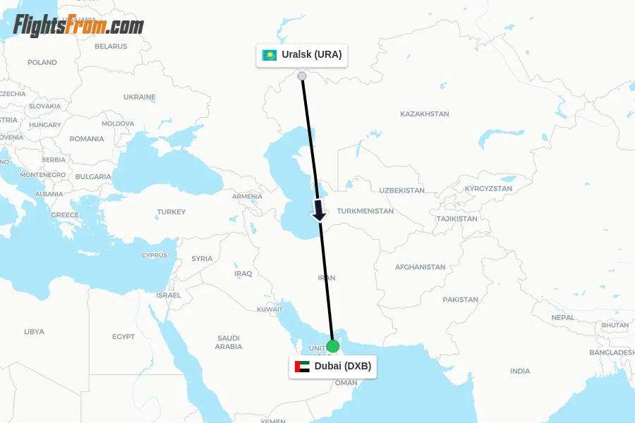 Flights from Uralsk to Dubai route map