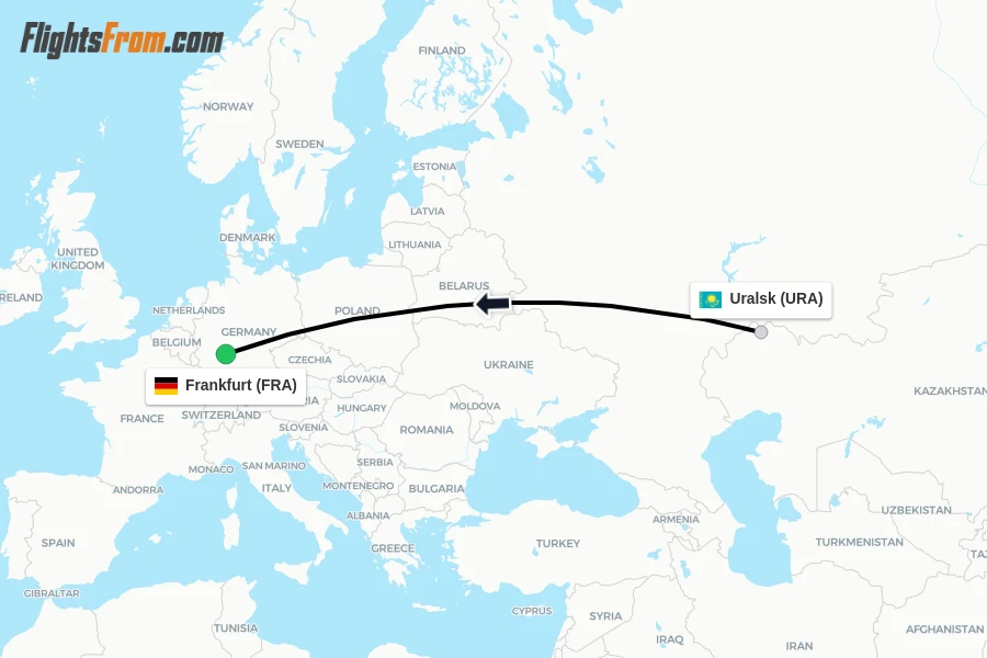 Flights from Uralsk to Frankfurt route map