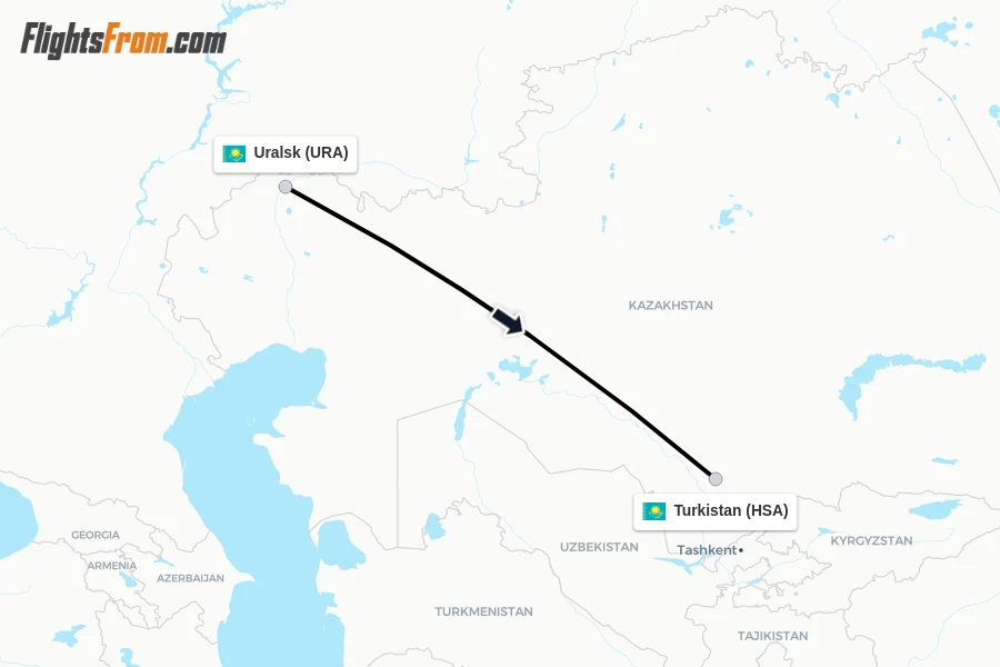 Flights from Uralsk to Turkistan route map