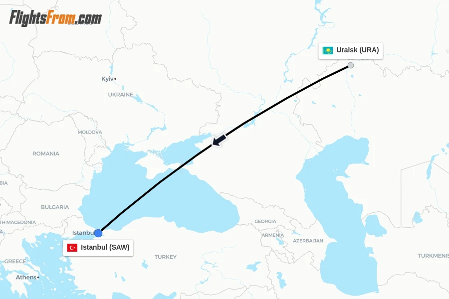 Flights from Uralsk to Istanbul route map