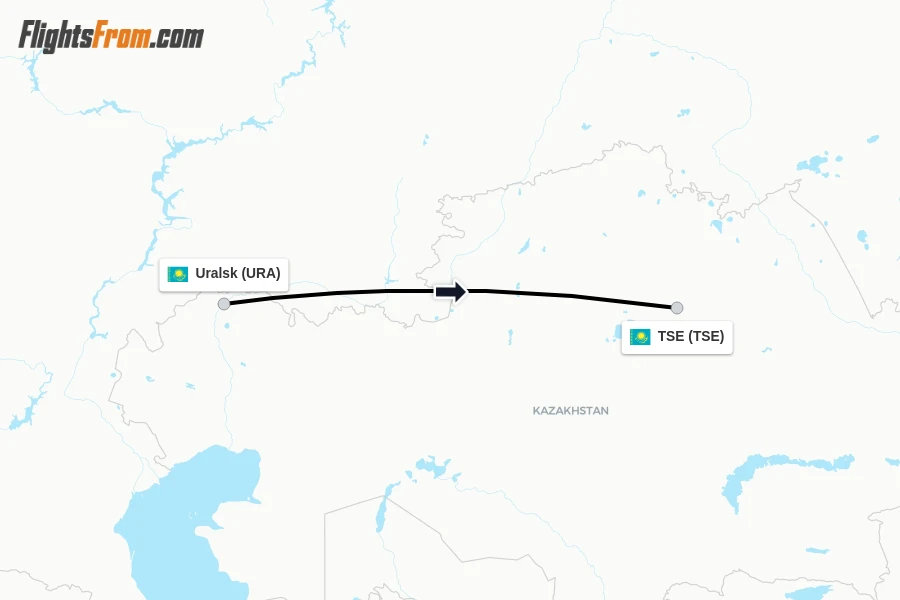 Flights from Uralsk to TSE route map