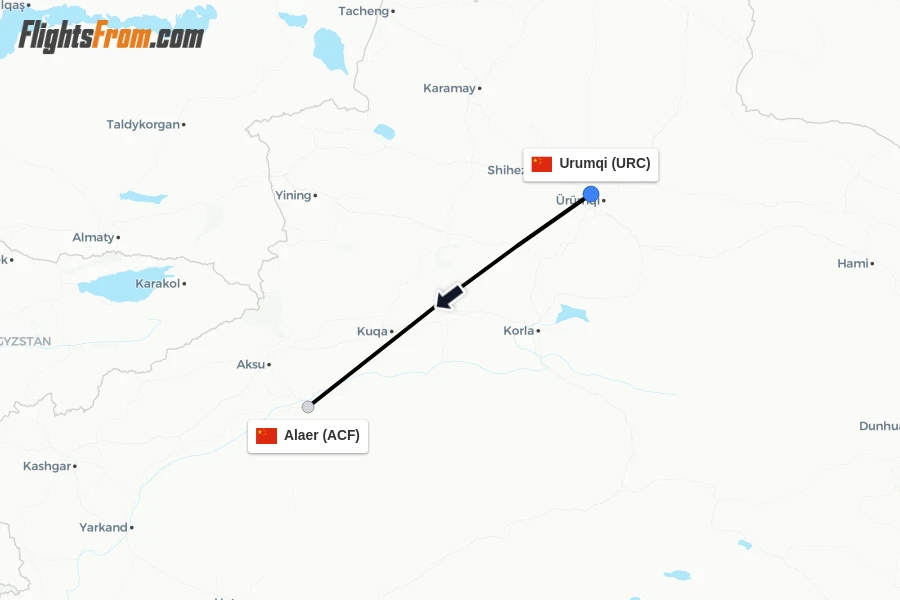 Flights from Urumqi to Alaer route map