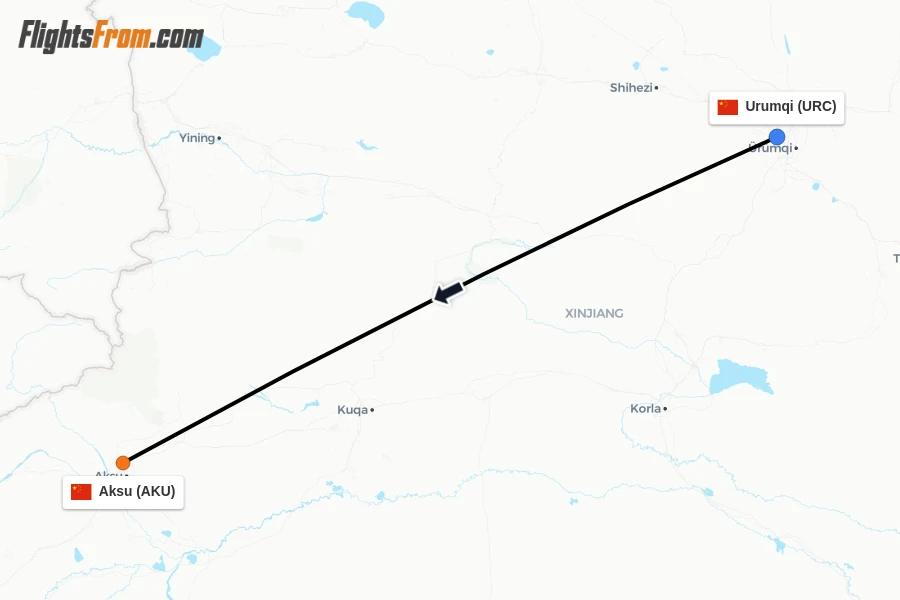 Flights from Urumqi to Aksu route map