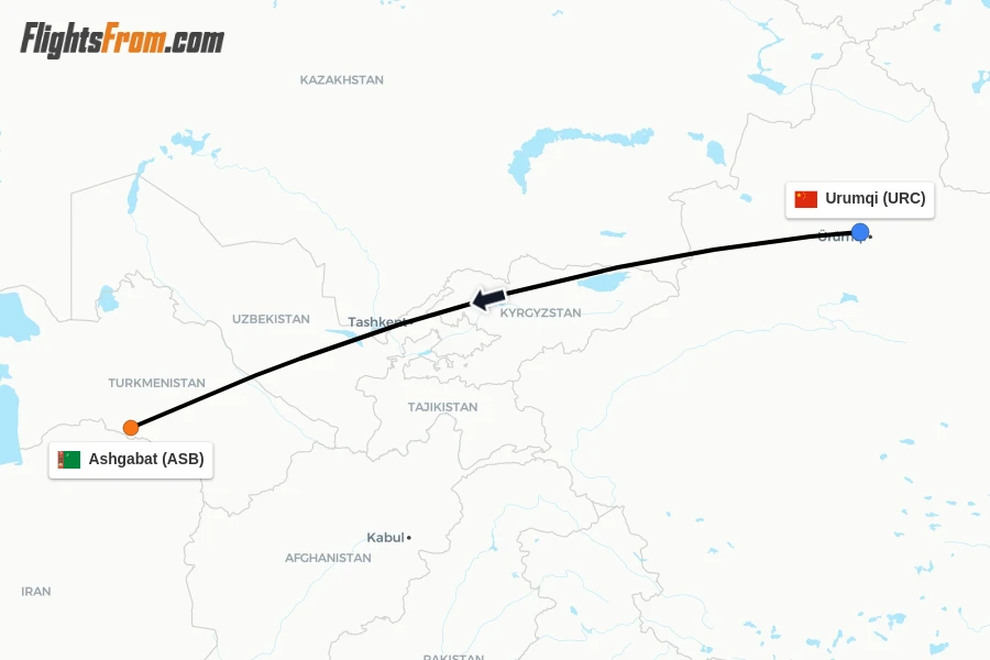 Flights from Urumqi to Ashgabat route map