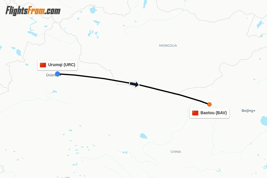 Flights from Urumqi to Baotou route map