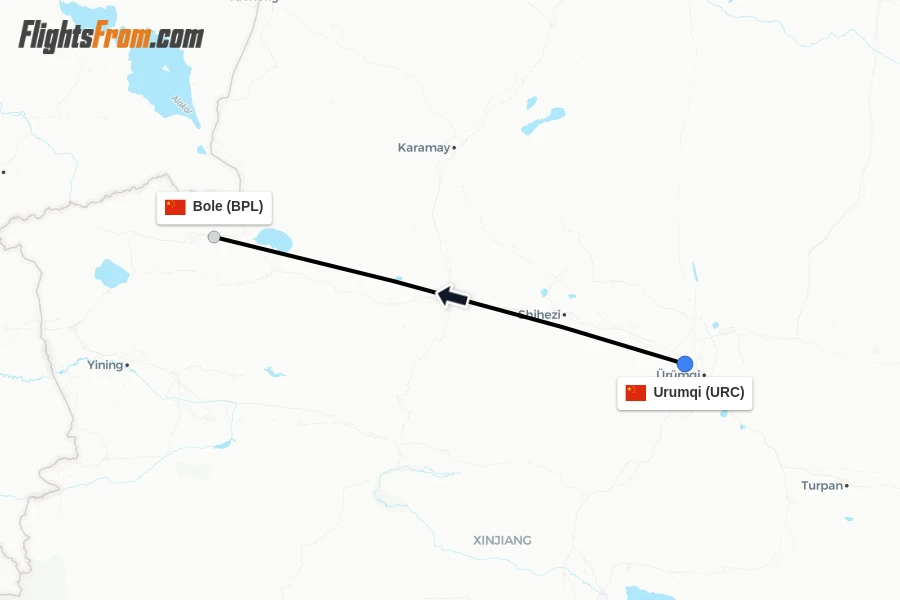 Flights from Urumqi to Bole route map