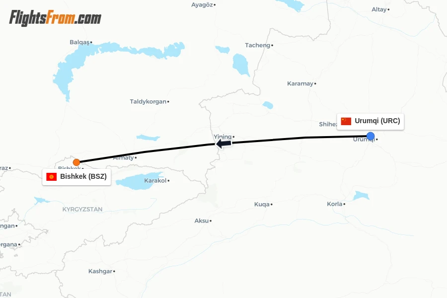 Flights from Urumqi to Bishkek route map