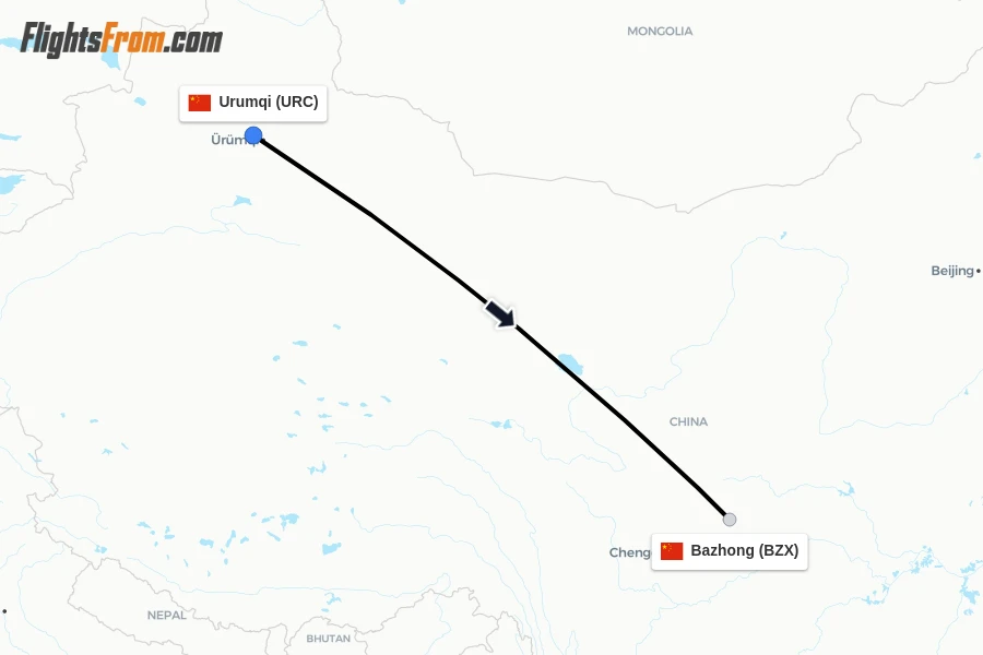 Flights from Urumqi to Bazhong route map