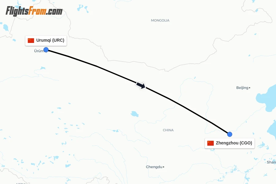 Flights from Urumqi to Zhengzhou route map