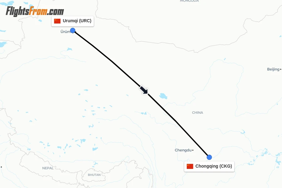 Flights from Urumqi to Chongqing route map