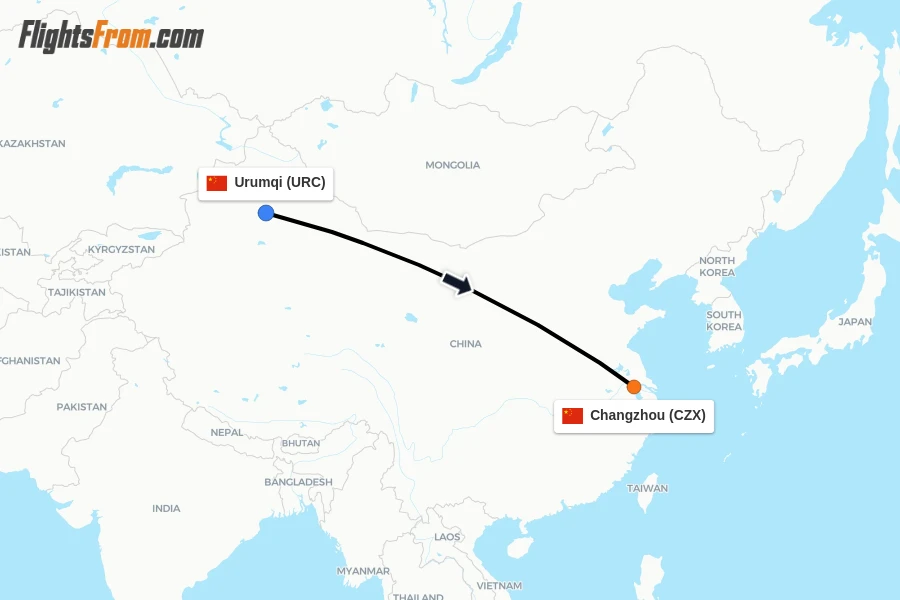 Flights from Urumqi to Changzhou route map