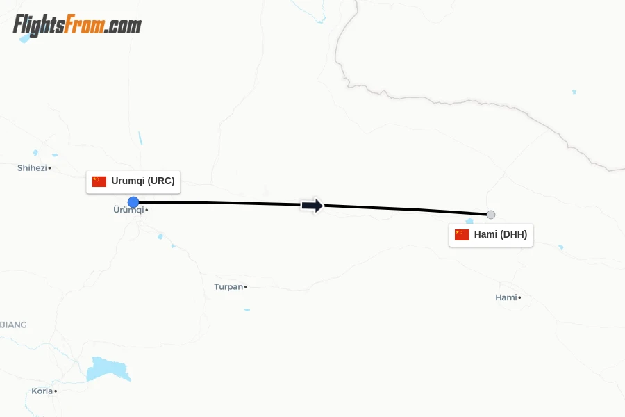 Flights from Urumqi to Hami route map