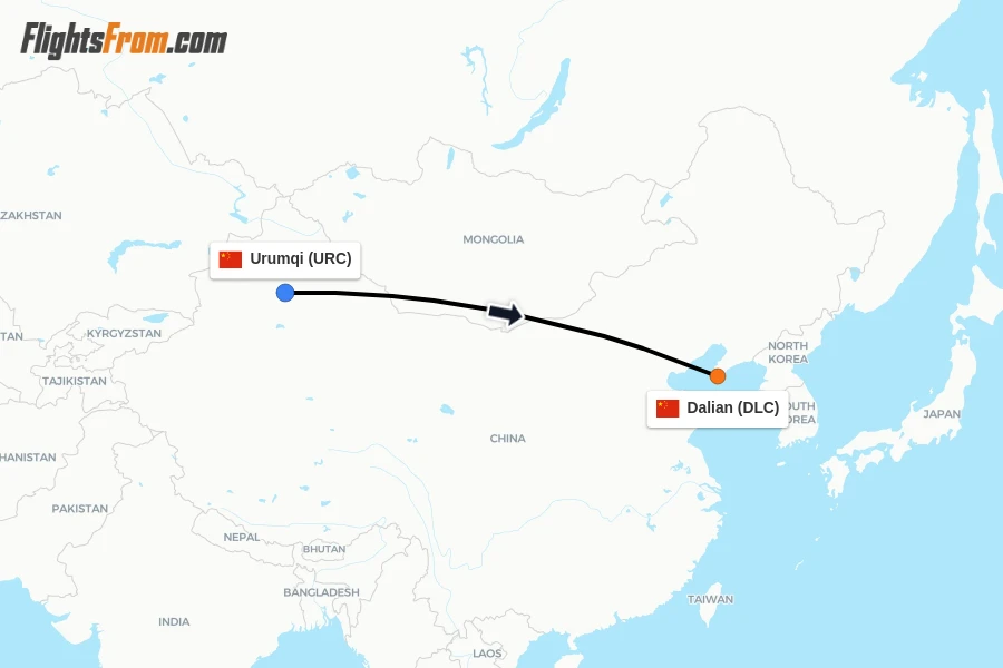 Flights from Urumqi to Dalian route map