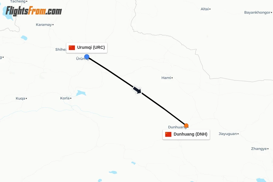 Flights from Urumqi to Dunhuang route map