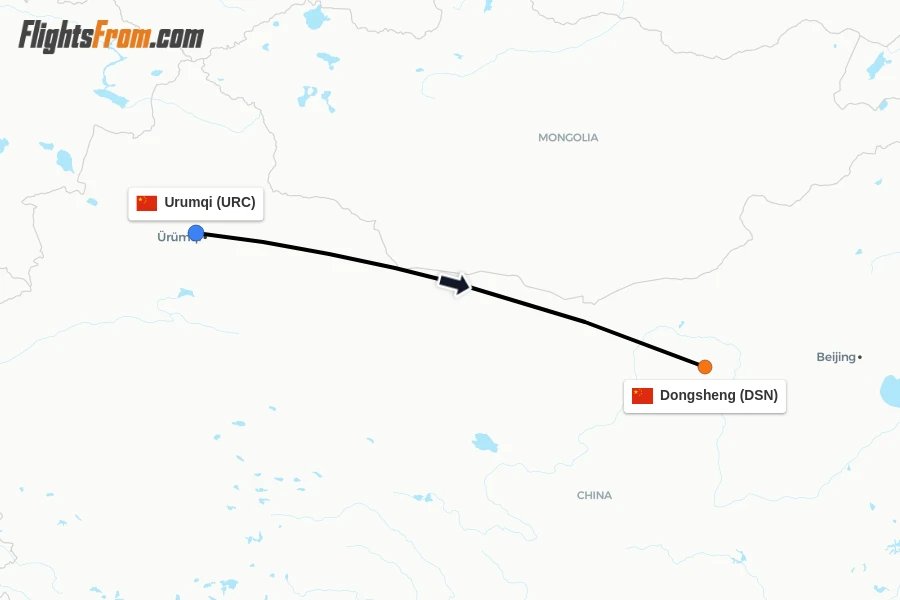 Flights from Urumqi to Dongsheng route map