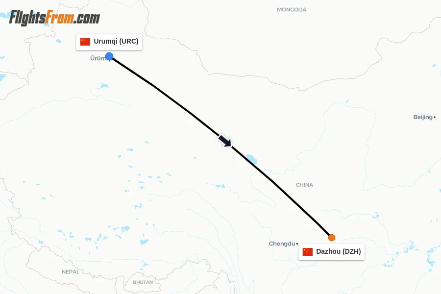 Flights from Urumqi to Dazhou route map