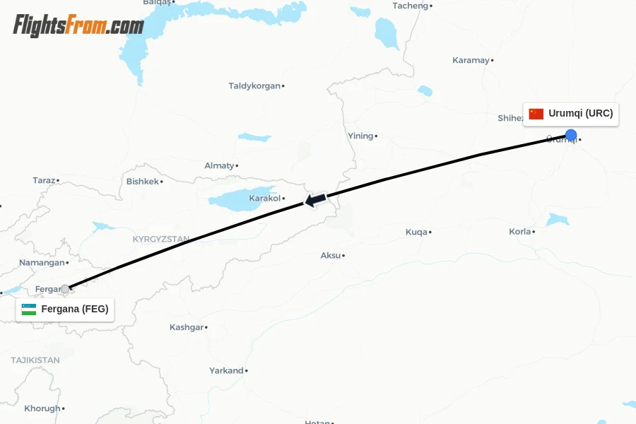 Flights from Urumqi to Fergana route map