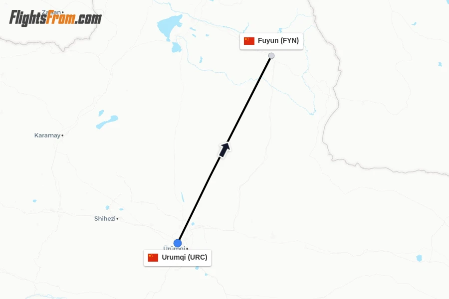 Flights from Urumqi to Fuyun route map