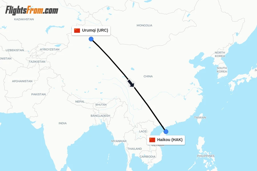 Flights from Urumqi to Haikou route map