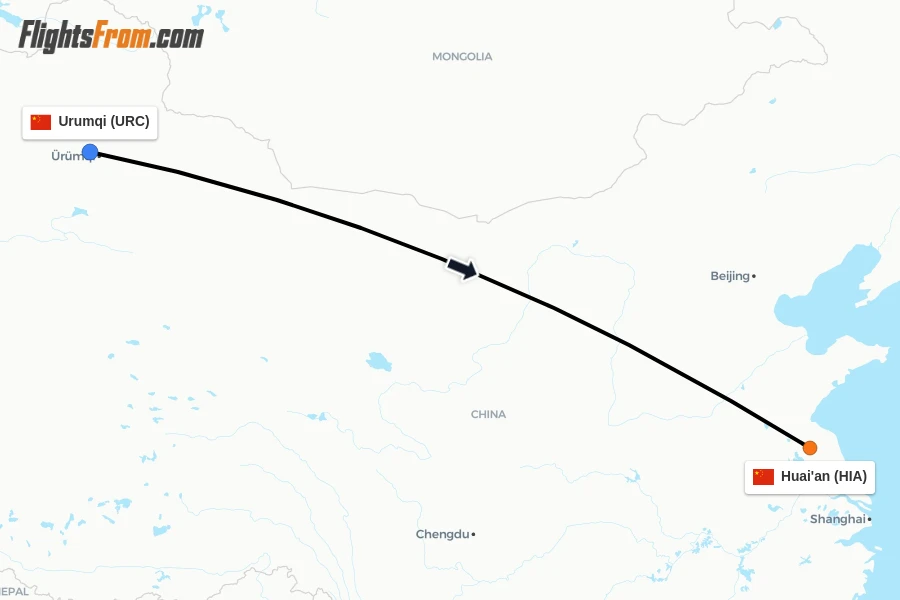 Flights from Urumqi to Huai'an route map