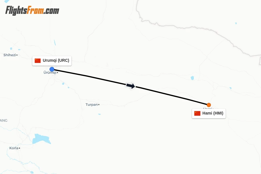 Flights from Urumqi to Hami route map