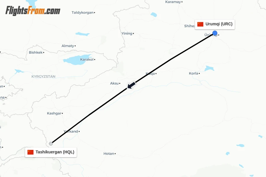 Flights from Urumqi to Tashikuergan route map