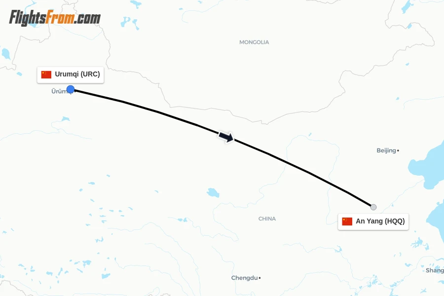 Flights from Urumqi to An Yang route map