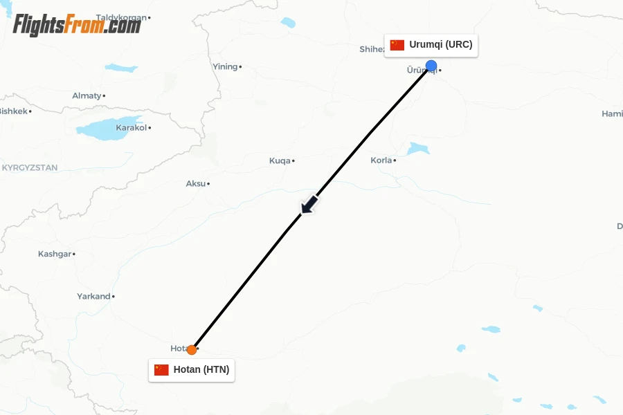 Flights from Urumqi to Hotan route map